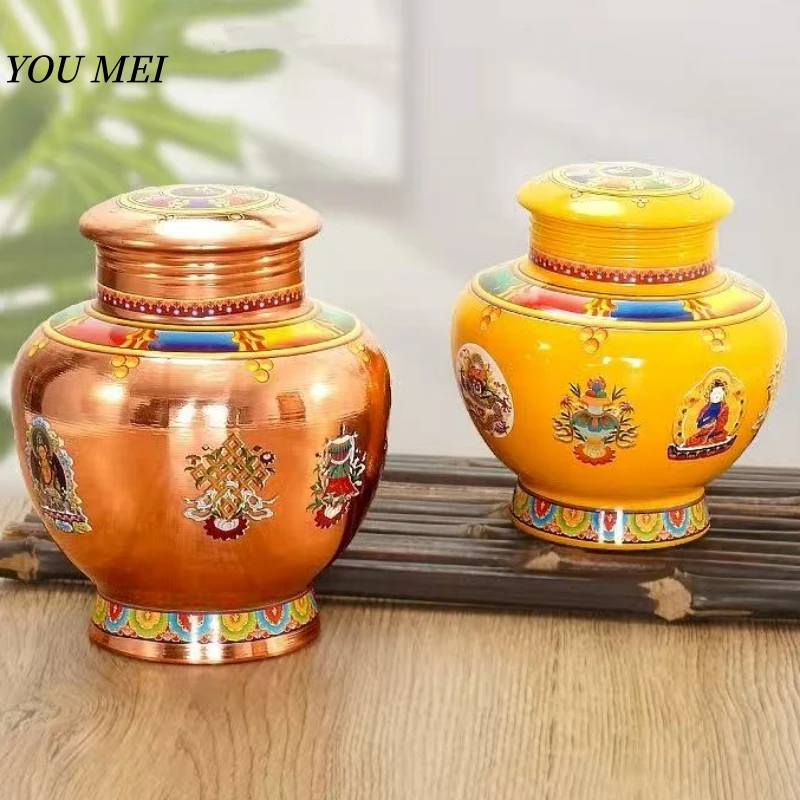

Tibetan-Style Jar,PrintingTibetan Eight Auspicious Pattern Food Organizer Metals Storage Aquarius,Buddhist Item Home Decorative