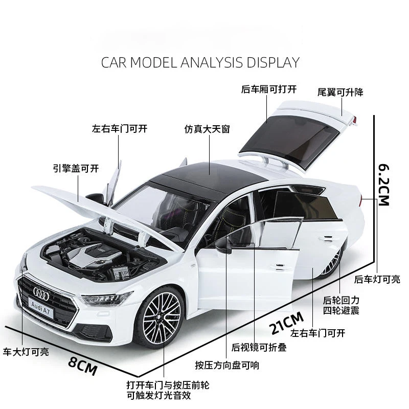 Coche de juguete de aleación Audi A7, modelo de volante con sonido y luz, juguete coleccionable para niños, regalo de cumpleaños, 1:24