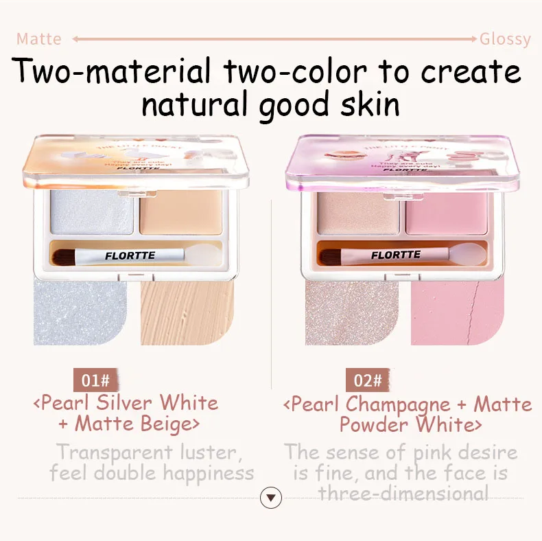 Flortte 2-color Cream Highlighter Powder Matte Glossy Double Texture Diamond Glitter Brighten Contour Palette Face Makeup