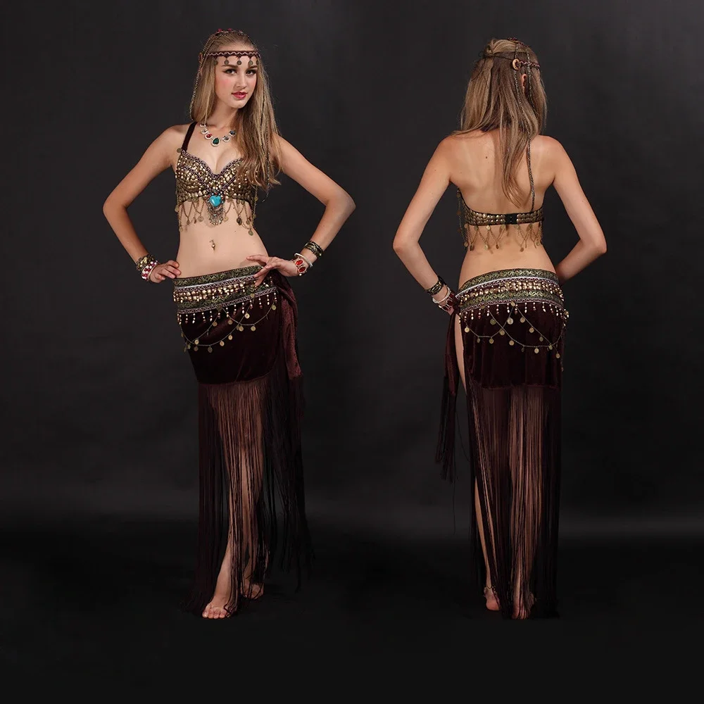 

Размер S-XL, одежда для танца живота, комплект из 2 предметов, бюстгальтер с монетами, шарф с кисточками, костюм для этнического танца живота, комплект для выступлений