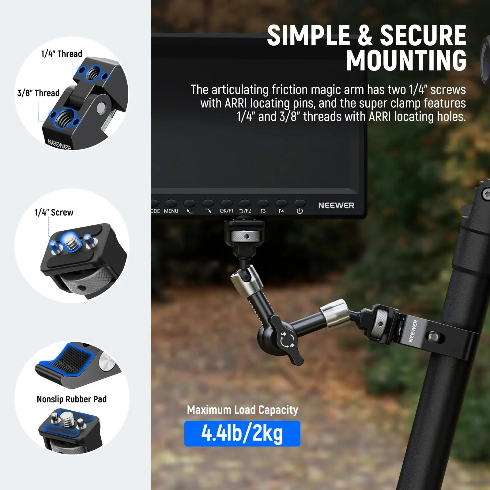 NEEWER 7-calowy przegubowy uchwyt magiczny z mocowaniem Super Clamp do monitora kamery DSLR, kamery sportowej i klatki SmallRig — zdjęcie produktu 4