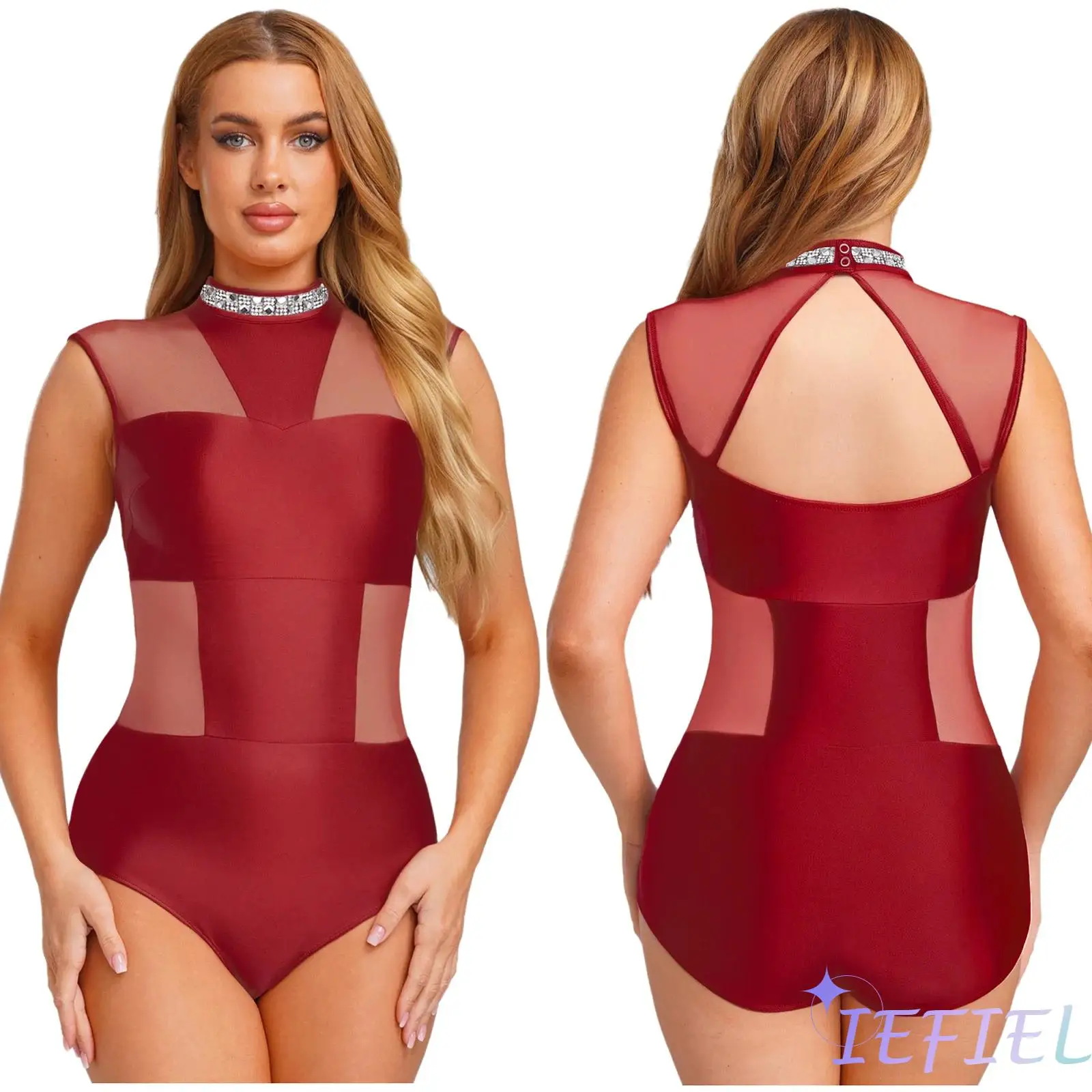 

Womens Lyrical Latin Ballet Dancwear Mesh Patchwork Dance Leotard Mock Neck with Rhinestone Backless Openable Crotch Bodysuit