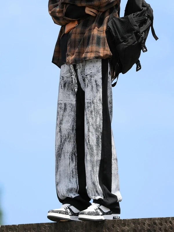 

American High Street Vibe Dyed Jeans Hiphop Design Straight Leg Long Trousers Trendy Cotton Polyester Blend Wear Resistant