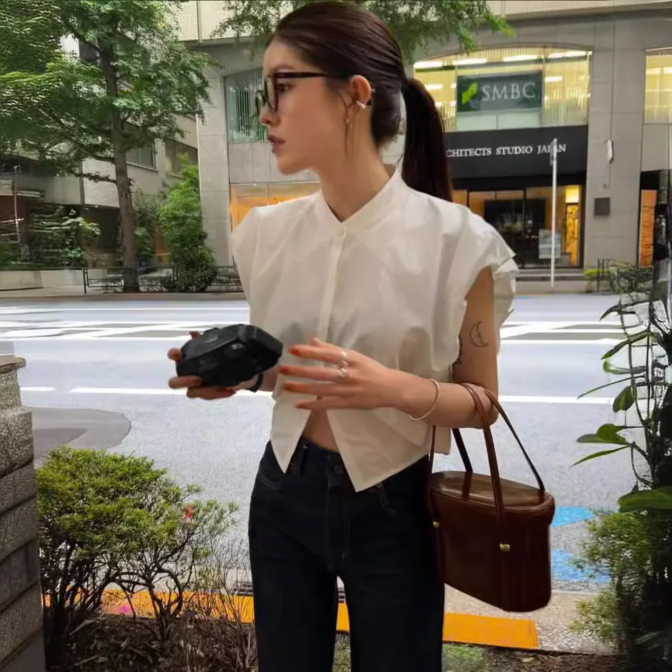 

gagarich2025 Summer Japanese Blogger Retro Fashionable Loose silhouette Wide Shoulder Design French Casual Shirt for Women