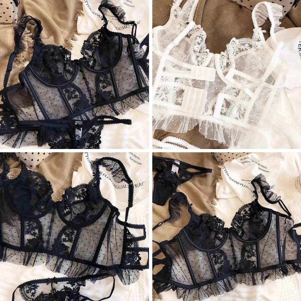 

Sexy Embroidered Lace Bralette & Thong Set, Ultra-Thin Sheer Underwear with Waist Vest Shape