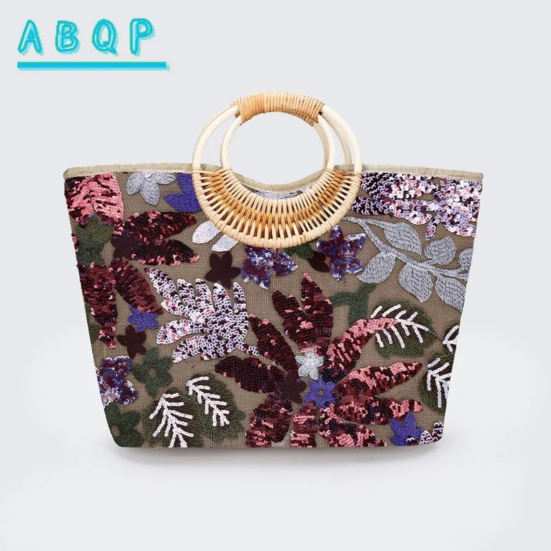 

ABQP New Women's Woven Handbag Luxury Brand Embroidered Sequins Women's Handbag Casual Banquet Women's Bag Large Capacity