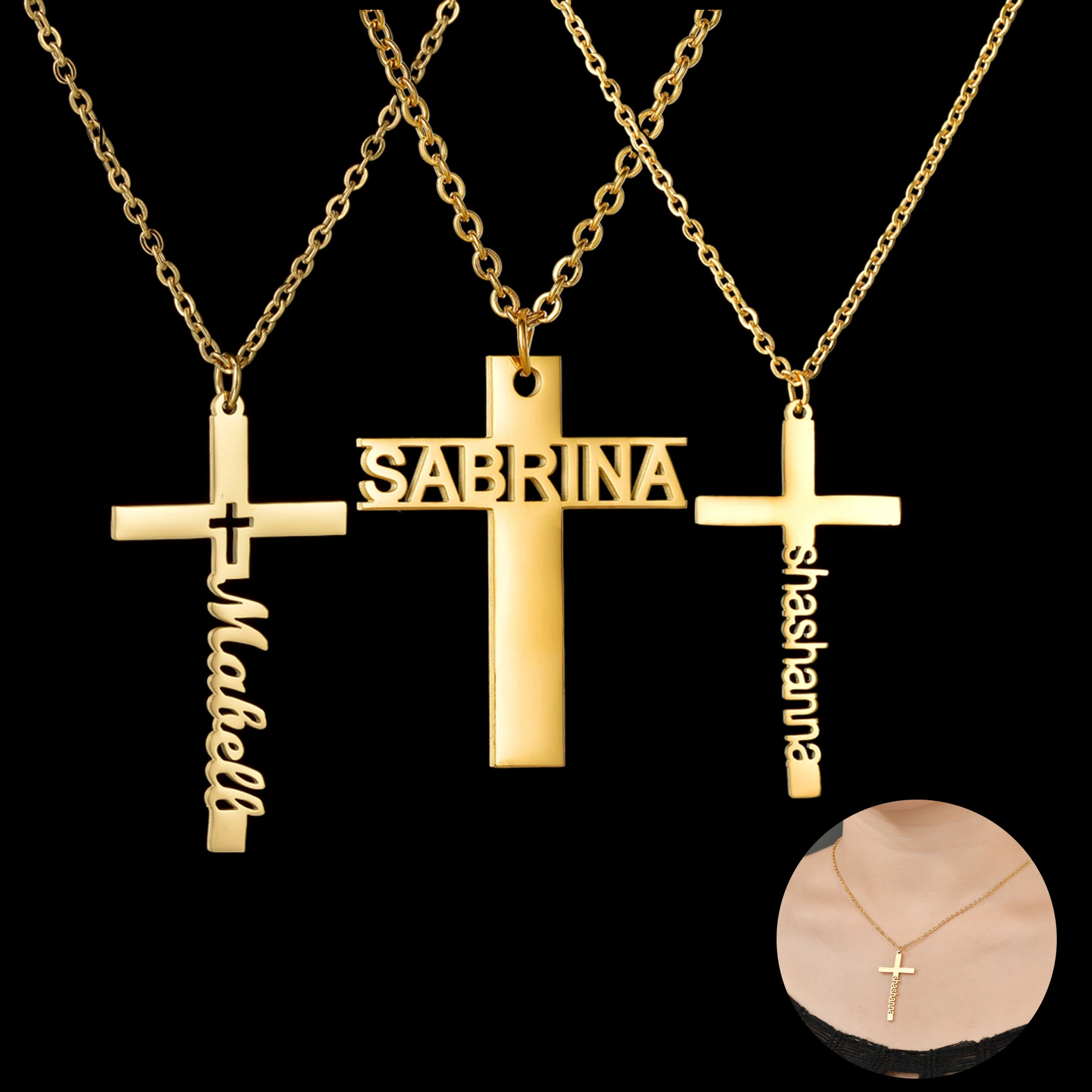 New Personalized Customized Name Letter Cross Stainless Steel Necklace for Men Women Amulet Jesus Pendant Jewelry Christian Gift