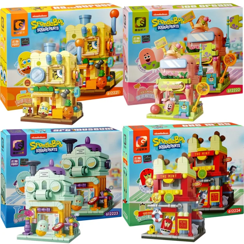 SpongeBob SquarePants Toys Building Blocks City Streetview Hamburger House Ice Cream Shop Art Gallery DIY Model Bricks Kids Gift