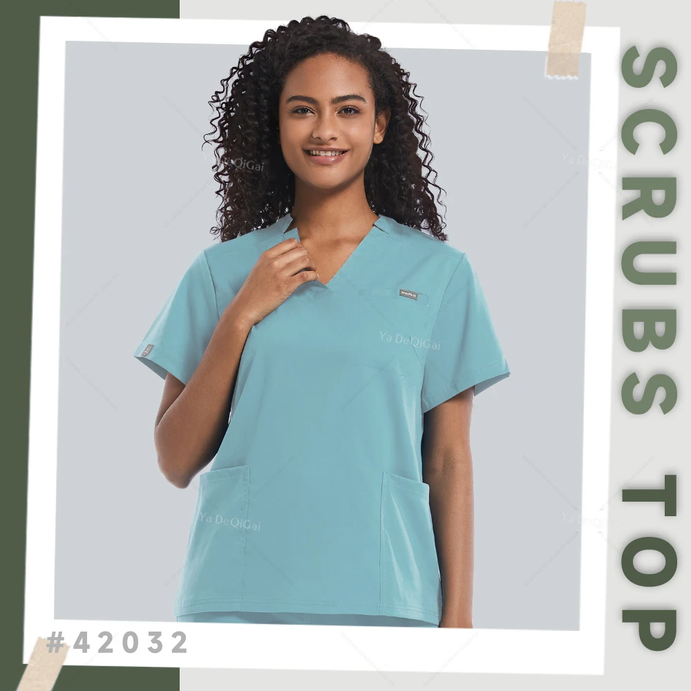 Pocket Shirts Women Nursing Uniform Scrub Tops Ladies Short Sleeve V-neck Care Worker Blouse Nurse Workwear Medical Uniform Tops