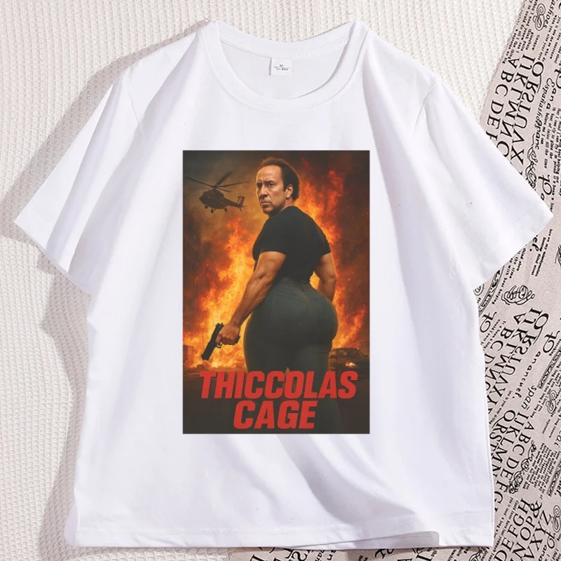 

Thiccolas Cage Meme T-Shirt Funny Cotton Short Sleeve Round Neck Tshirt Streetwear Loose Comfortable T Shirt Man Clothes