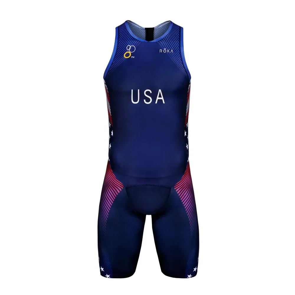 Roka New Men\'s Triathlon Swimskin Sleeveless Jumpsuit Bike Mtb Pro Team Arena Race Trisuit Swimming Running Speed Triple Suit