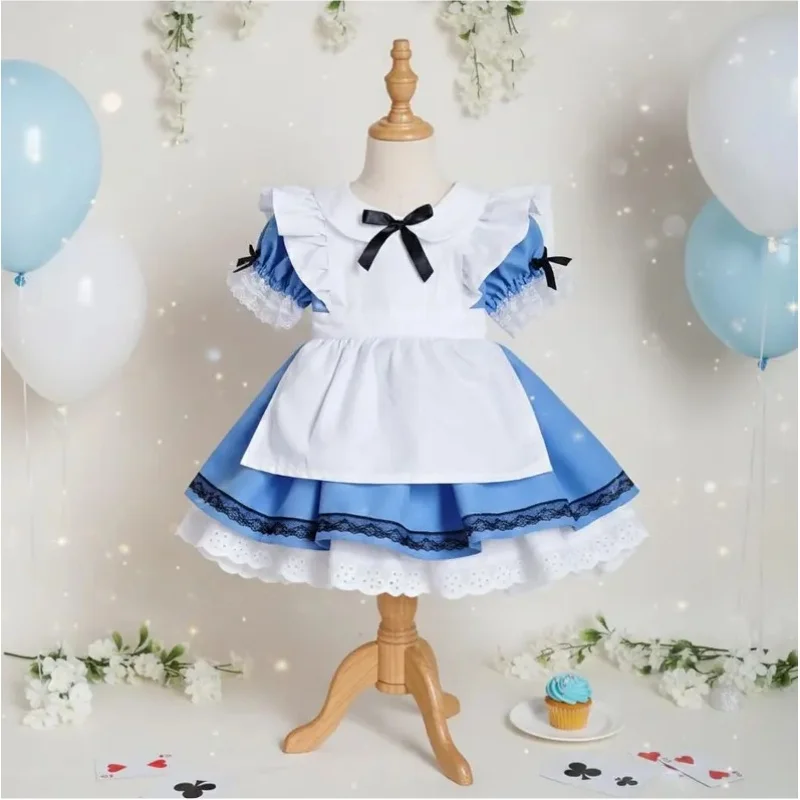 Summer Baby Girl Alice Cosplay Costume Lolita Dress Blue White Lace Ruffle Apron 1st Birthday Party Holiday Photoshoot B648