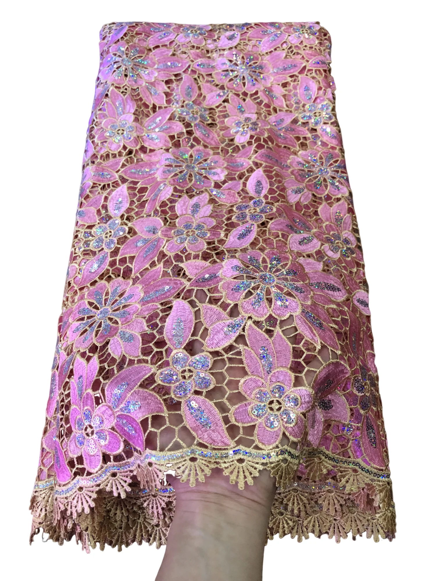 

African Bicolor Hollow Out Guipure Cord Sequin Lace Fabric 2025 High Quality Nigeria Water Soluble Lace For Women Evening Dress