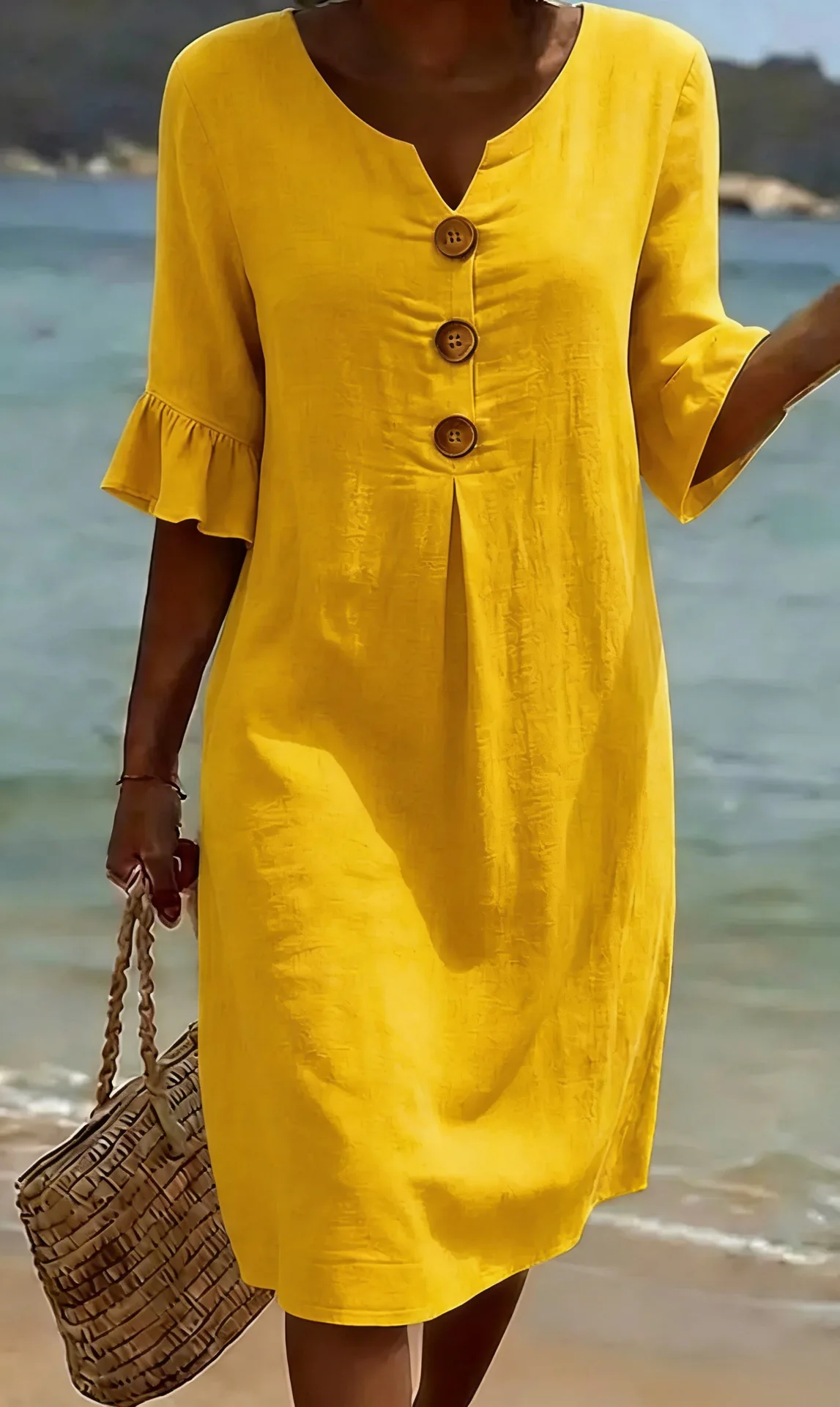 V-neck Button Solid Color Casual New Beach Vacation Style Versatile Dress For Women's A-line Lace Short Sleeved Patchwork Skirt