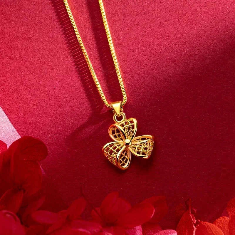 

9999 Real Gold 24K Sweet Wind Niche Fashion Windmill Small Pendant Golden Girl Hollow Three-petal Grass Windmill Necklace