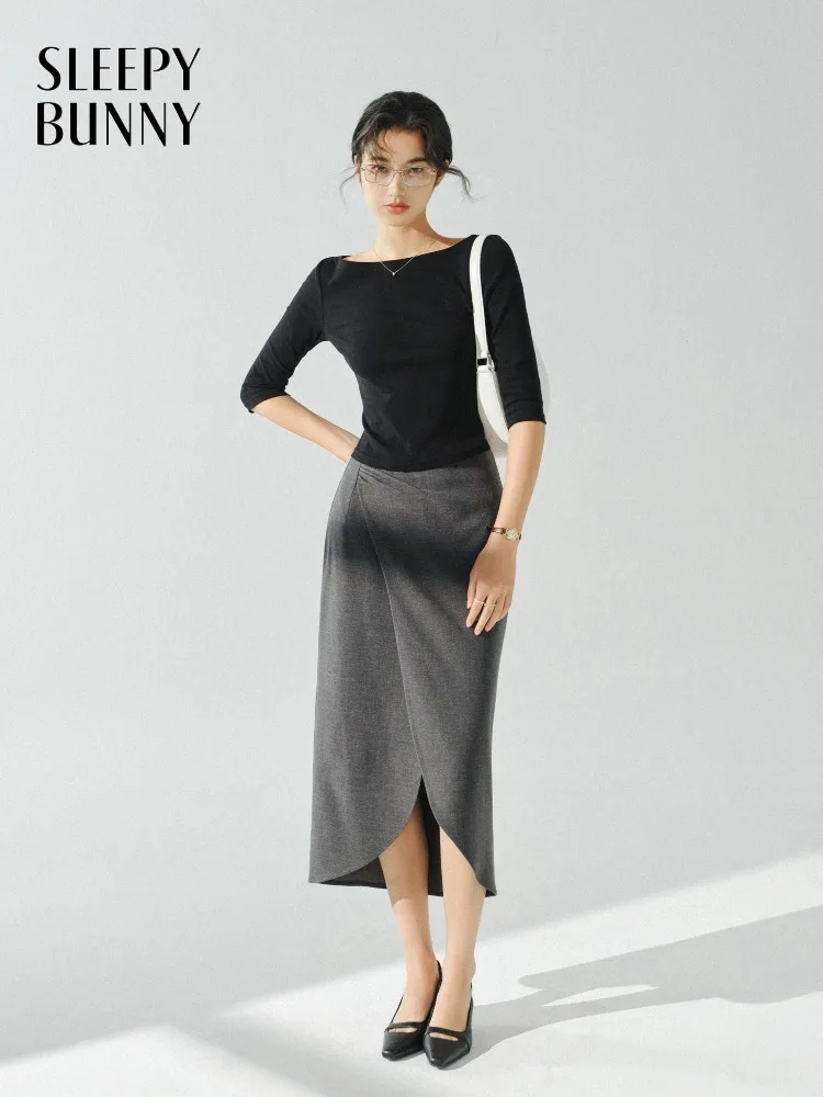 

Elegant Slim Fit Off Shoulder Top Chic T Shirt Autumn Casual Stretch Blouse Solid Color Basic Tee for Layering or Daily Wear