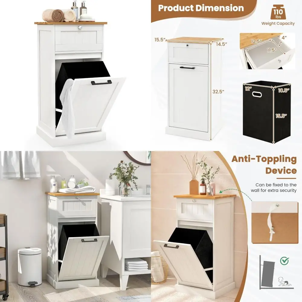Freestanding 10 Gallon Laundry Hamper Cabinet with Removable Basket, Bathroom Storage Solution