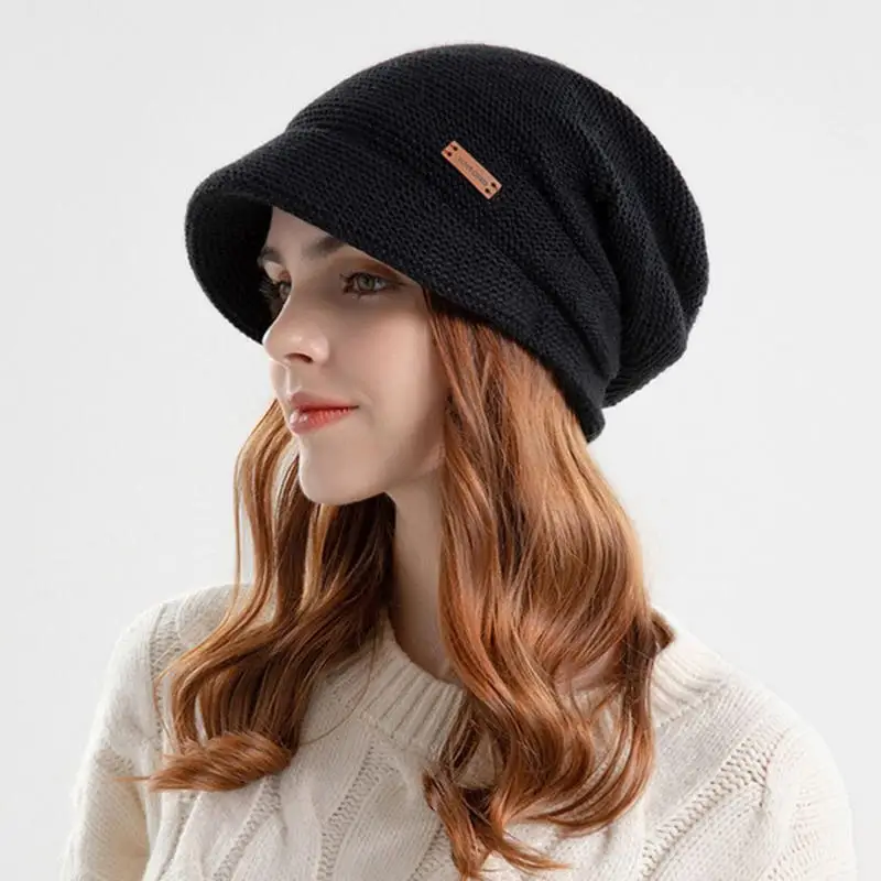 Autumn Winter Soft Plush Knitted Hat Women Girl Warm Thickened Fleece Lined Beanies Short Brim Casual Outdoor Windproof Bonnet