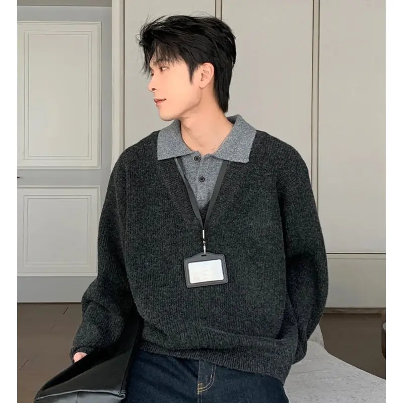 

American Retro Men's Knitted Sweater V-Ne Long Sve Casual Wear Comfortable Lazy Sle Inner Wear T-irt Knitwear