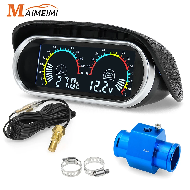 12V 24V Digital Water Temperature Gauge + Volt Water Temperature Sensor Head Plug Joint Pipe Sensor Radiator Hose Adapter 1/8NPT
