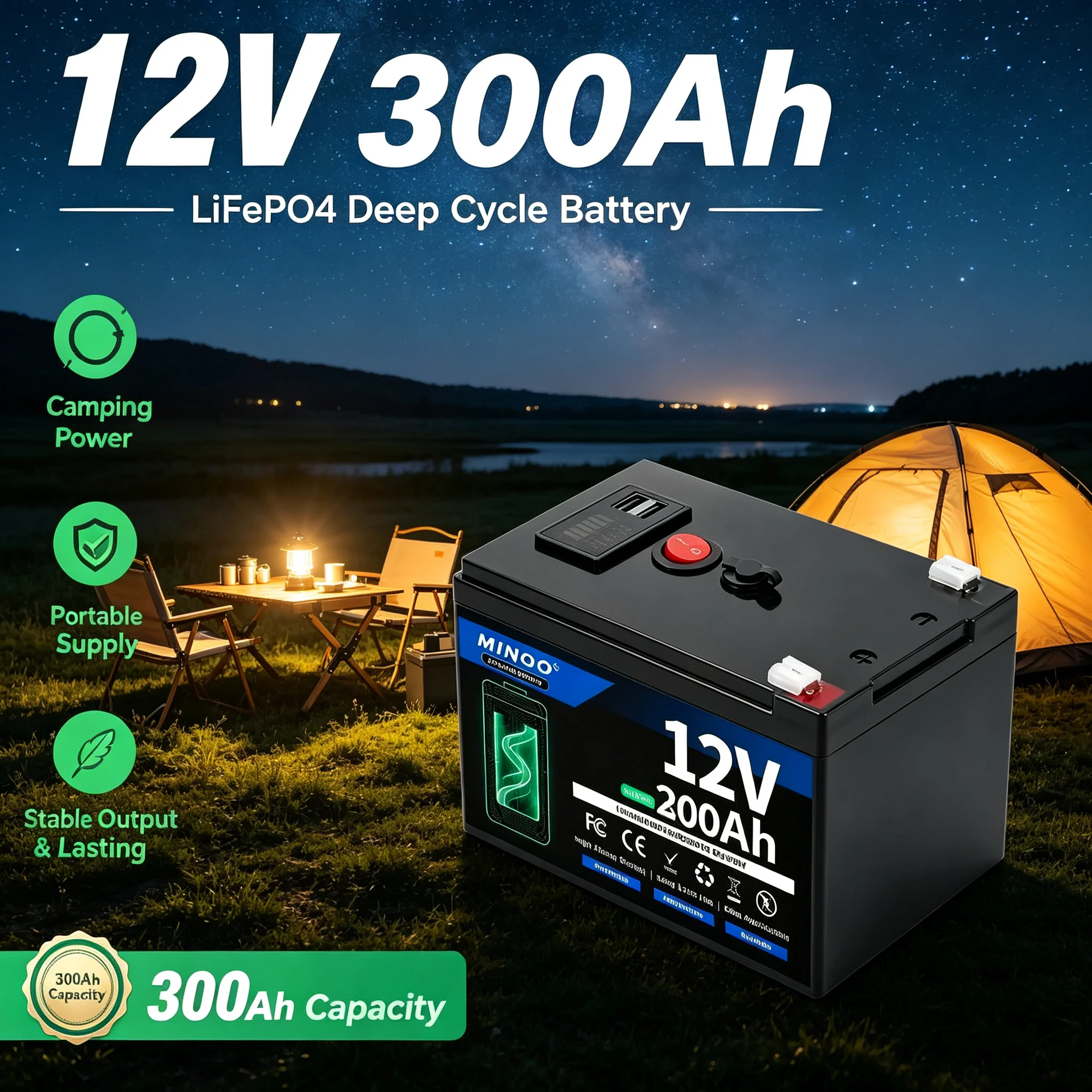 LiFePO4 12V 300AH 12V 200AH Battery Free Charger 12V Lithium Battery Built-In 300A BMS 6000+ Cycle Foat Fast Ship From EUr Bo