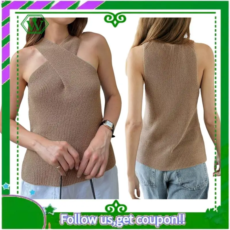 

A18P-Women Halter Cross- Over Collar Tank Knit Sleeveless Top Solid Color Casual Summer Blouse