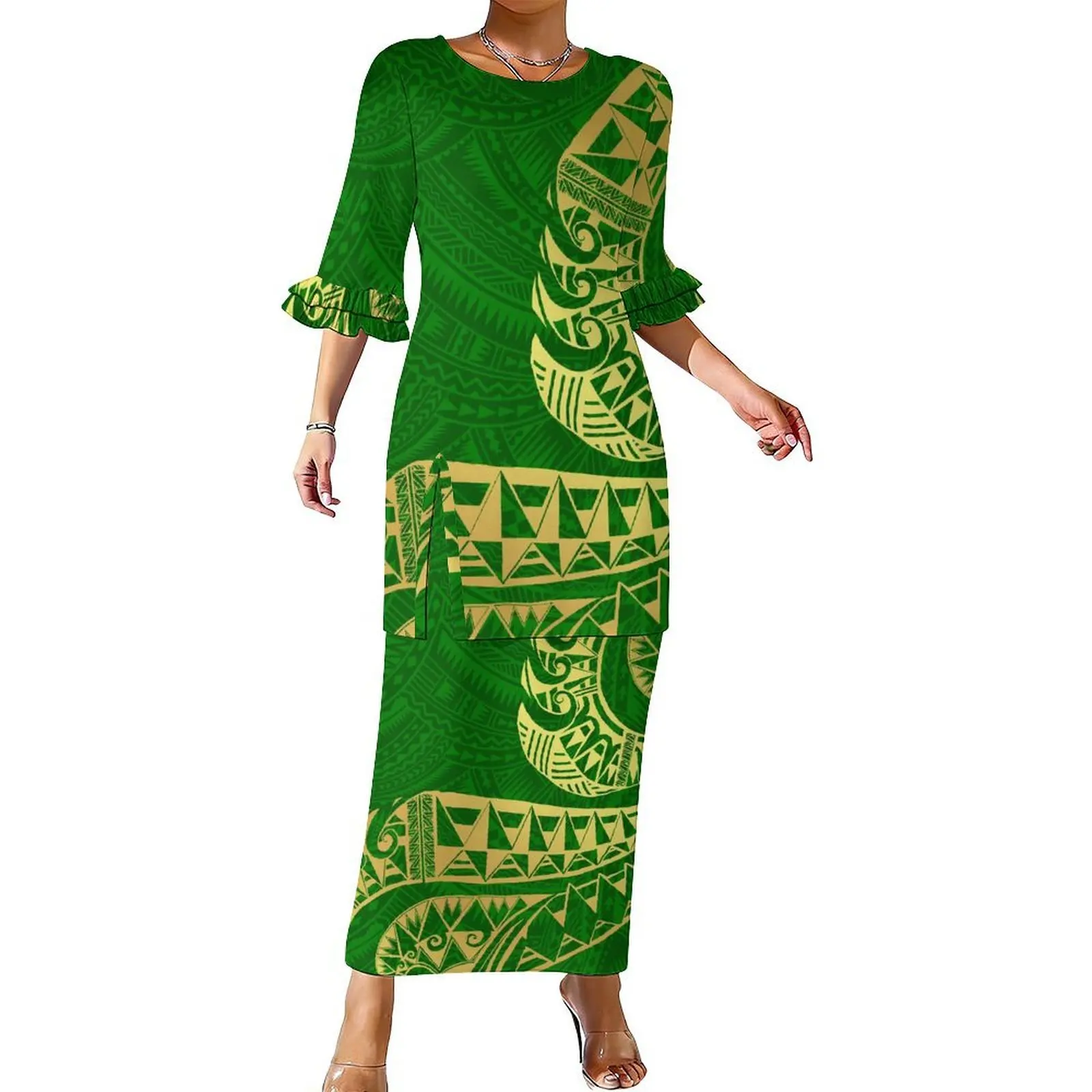 Polynesian Custom-Made Dress Pattern - Fashionable Double-Layered Ruffled Sleeves With A Waistline Design - Puletasi Set Skirt