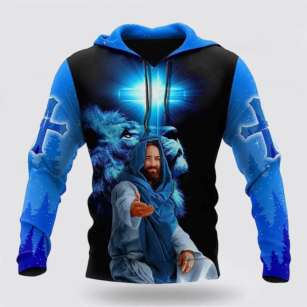 Hoodies Men 3D Printed Christian Jesus Latin Cross Tiger Graphic Men Hoodies Retro Sweatshirts God Hooded Pullover Clothes Tops