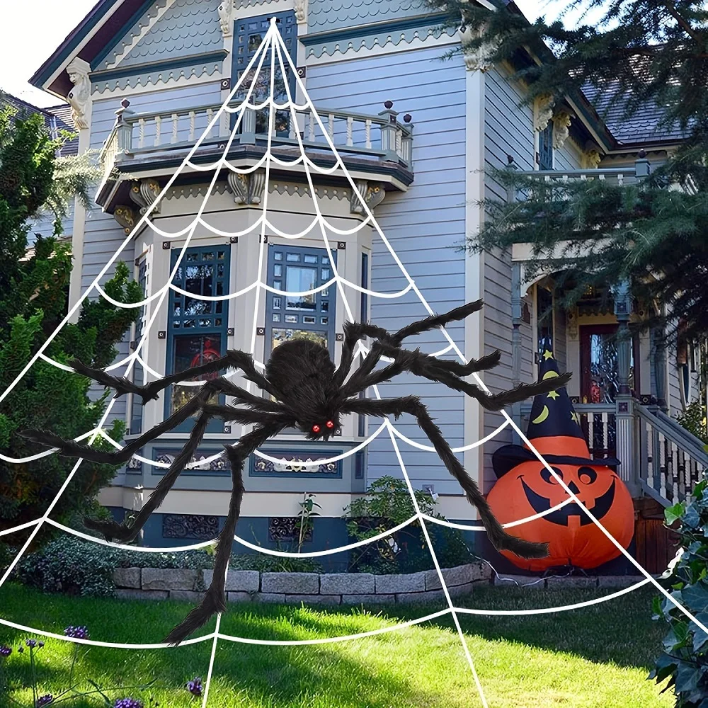 

Halloween Giant Spider Decoration Spider Web Stretchy Cobwebs Black Spiders Terror Bar Haunted Home Halloween Props Scary Party