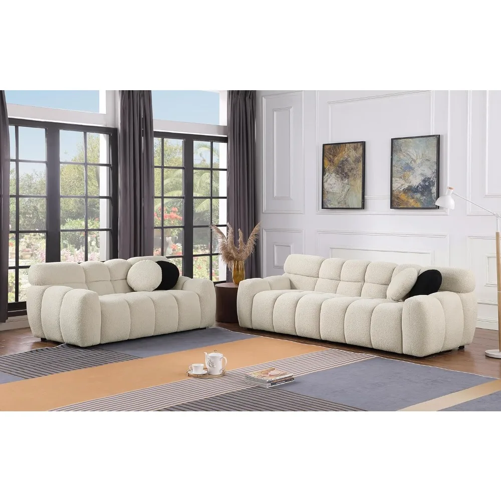 2 Piece Boucle Sofa Couch Set, Comfy Upholstered Sherpa Deep Seat Cloud Couch and Loveseat, Modern Tufted 3 Seater and 2 Seater