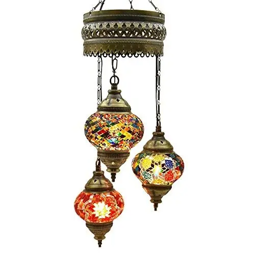 3 Globes Chandelier Lamp Ceiling Hanging Handmade Turkish Mosaic Glass Art Moroccan Lantern Light with Bulbs, 25.5 