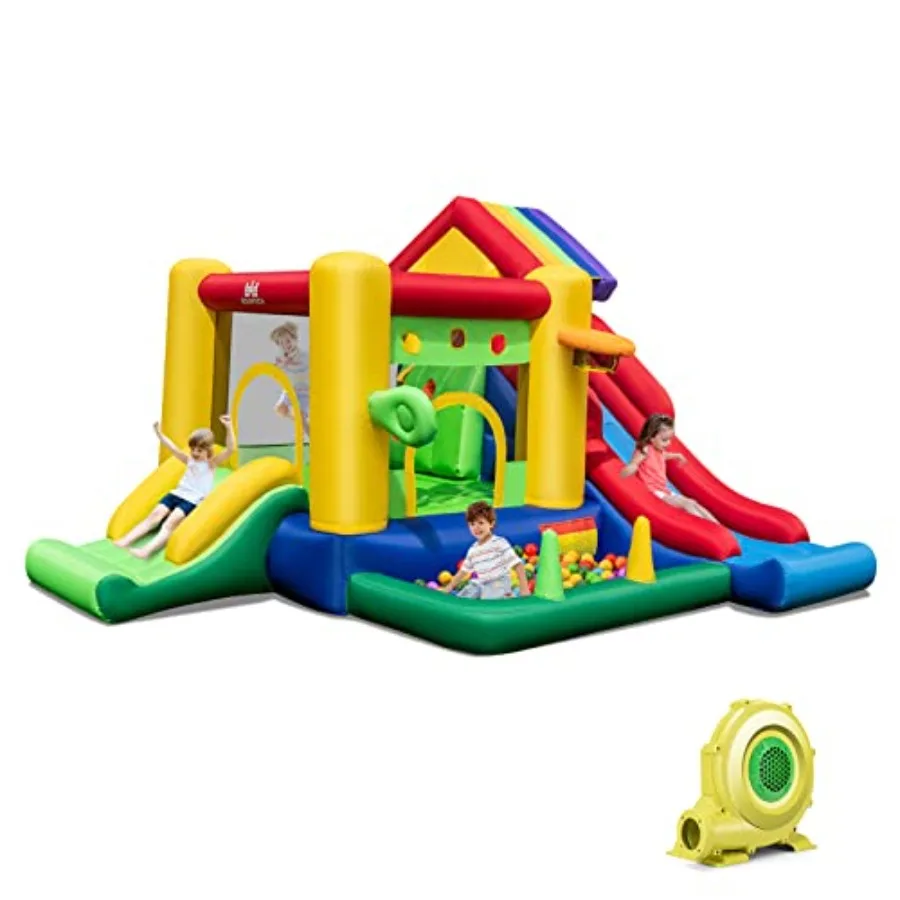 Inflatable Bounce House w/Blower, Indoor & Outdoor Bouncy Castle w/ 2 Slides, Ball Pit, Jumping Playhouse Inflatable Bouncer for