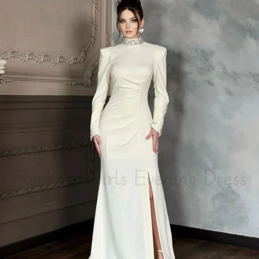 Flechazo High Neck Long Sleeves Evening Dress Sheath Side Slit Floor Length with Beading and Crystal Women Custom Made Gowns