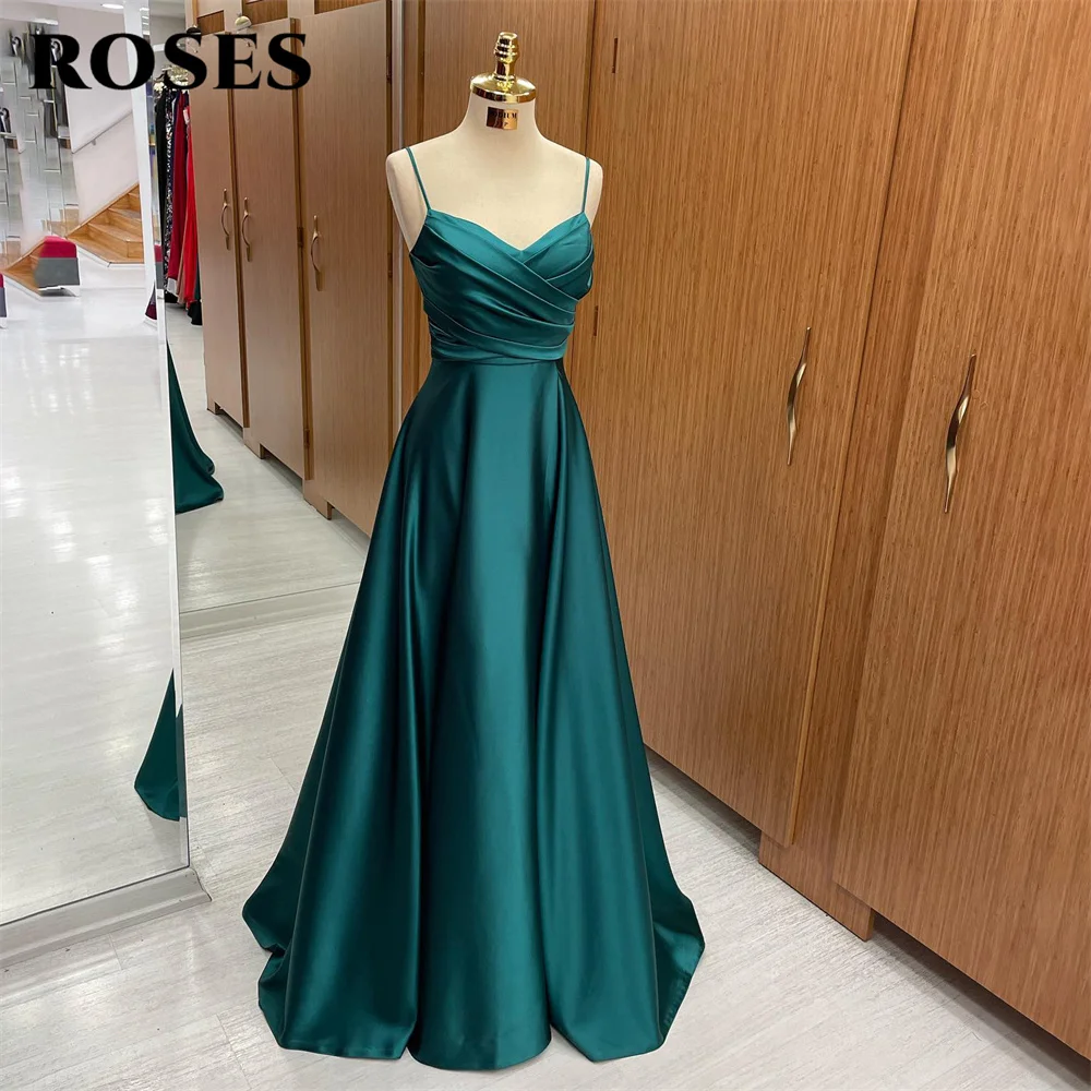 ROSES Drak Green A 라인 포멀 드레스, V 넥 플리트, 스파게티 스트랩, 특별 행사 가운