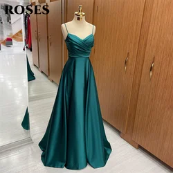 Rosas drak verde uma linha vestidos formais com decote em v plissado vestidos de ocasião especial querida cinta espaguete vestido de baile personalizado