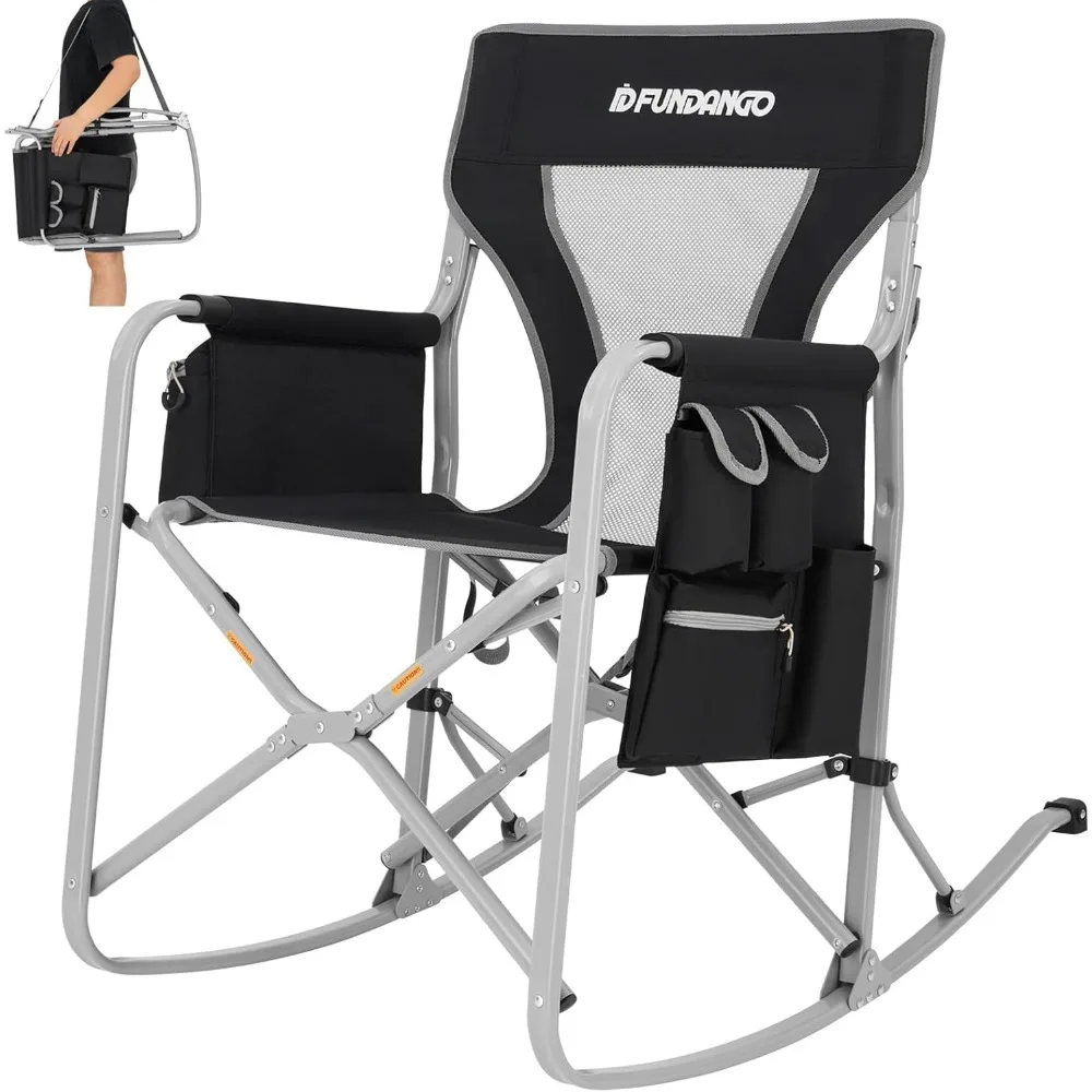 Oversized Portable Rocking Camping Chair with Cooler and Side Pocket for Outdoor Comfort