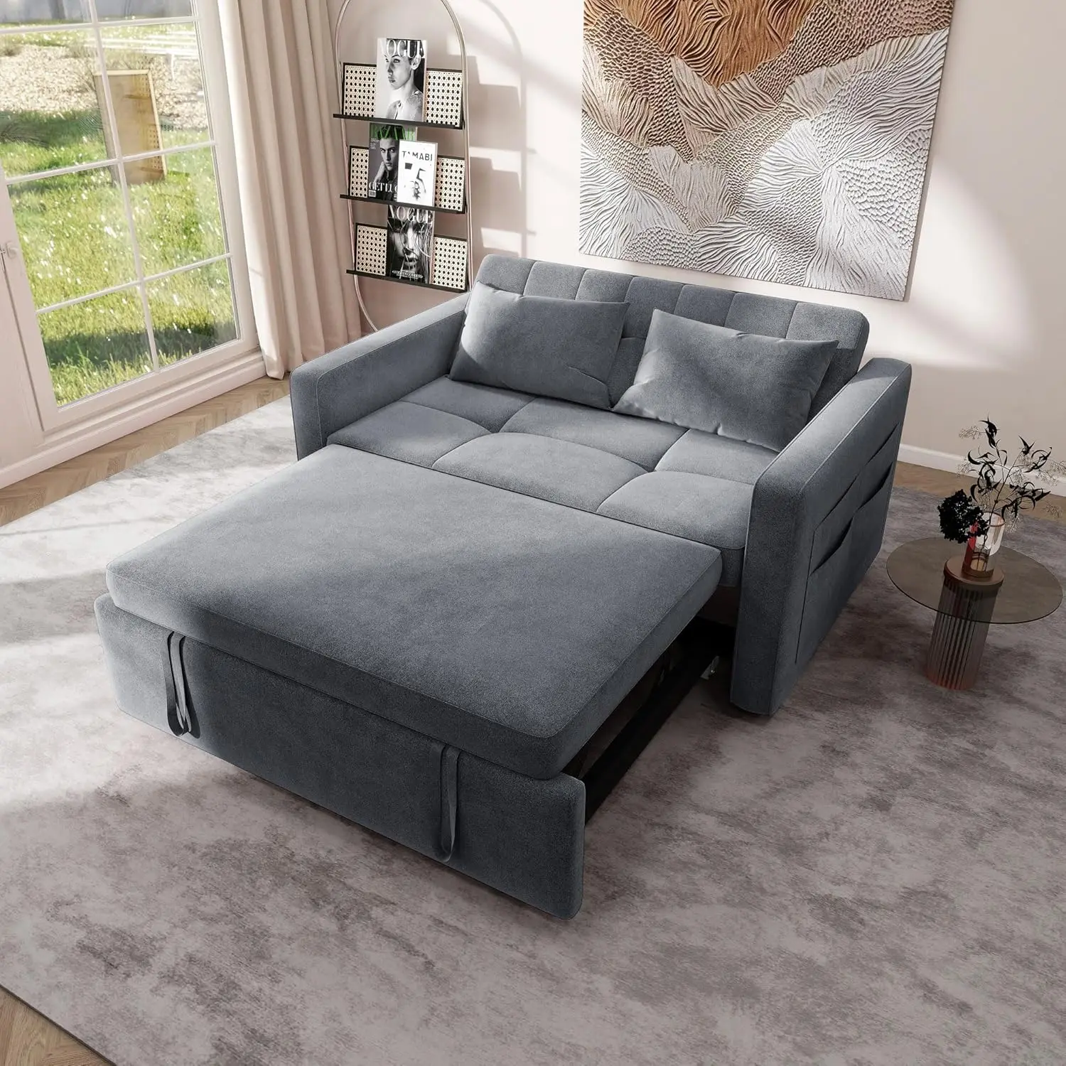 

55" Convertible Sofa Bed, Velvet Sleeper Sofa with Pull-Out Bed, 3-in-1 Futon Couch with Reclining Backrest and Side