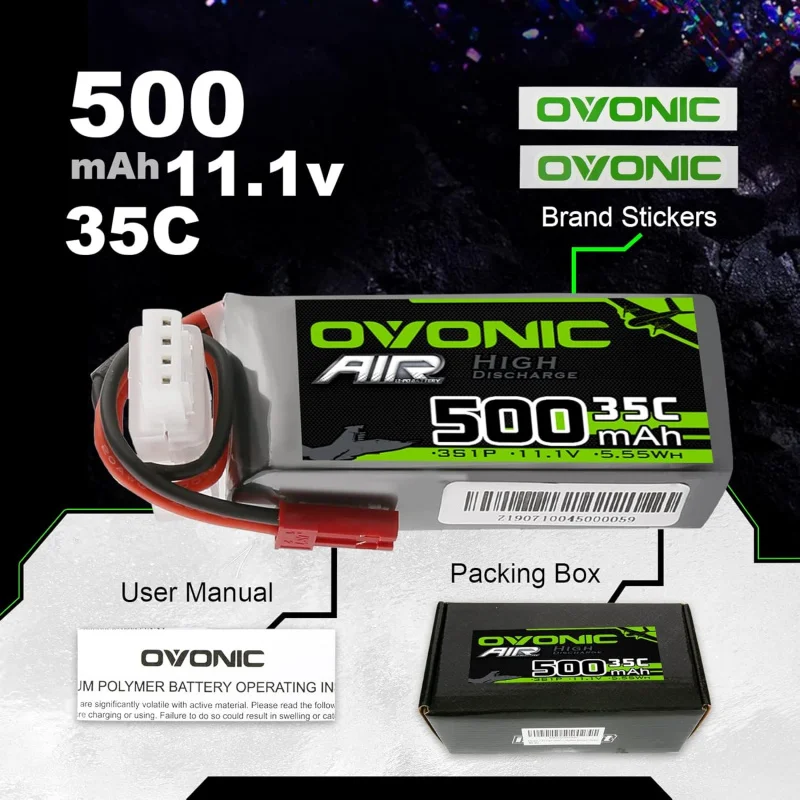 OVONIC 3S Lipo Battery 35C 500mAh 11.1V Lipo Battery with JST Connector for RC Airplane Helicopter Quadcopter FPV Racing Drone(2