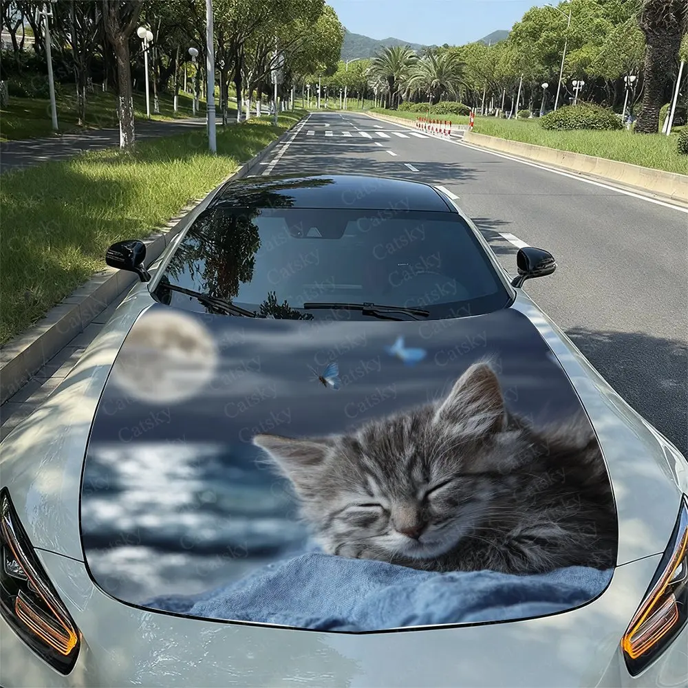 Soft And Cute Sleeping Cat Butterfly Moonlit Design Car Hood Stickers, Easy To Remove And Durable Car Parts, PVC Material Hood S