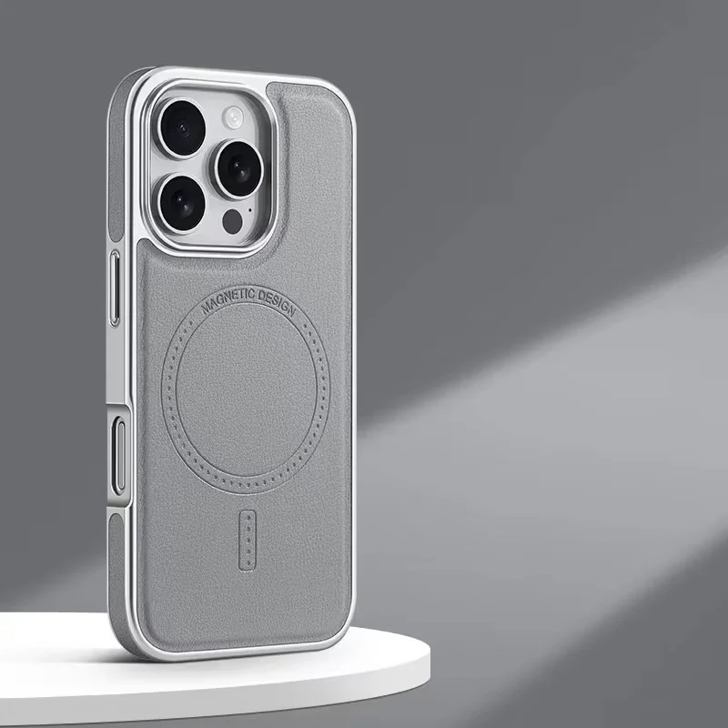 Luxuriöse Plating-Rahmen PU-Lederhülle für iPhone 13 14 15 16 17 18 Pro Max mit Magsafe Magnetischer Drahtloser Ladefunktion Stoßfeste Abdeckung – Detail 10