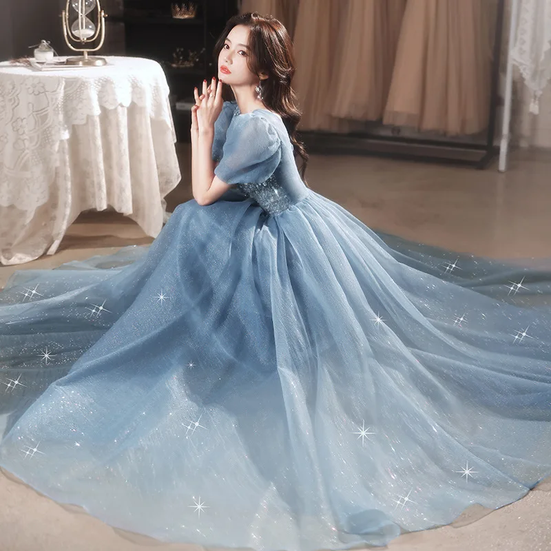 Ele Long Evening Gown Sparkling Sequins Heavy Embroidery Princ Sle Ball Dr for Host Summer New Arrival