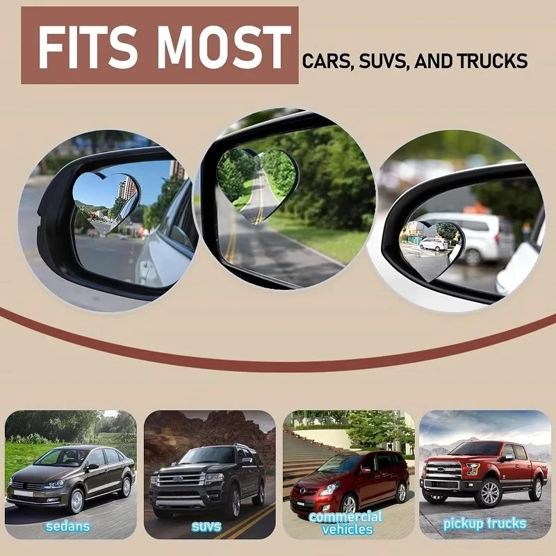 2pcs Car Rearview Mirror Heart Shape High Definition Auxiliary Wide Angle Love Mirror Convex Surface