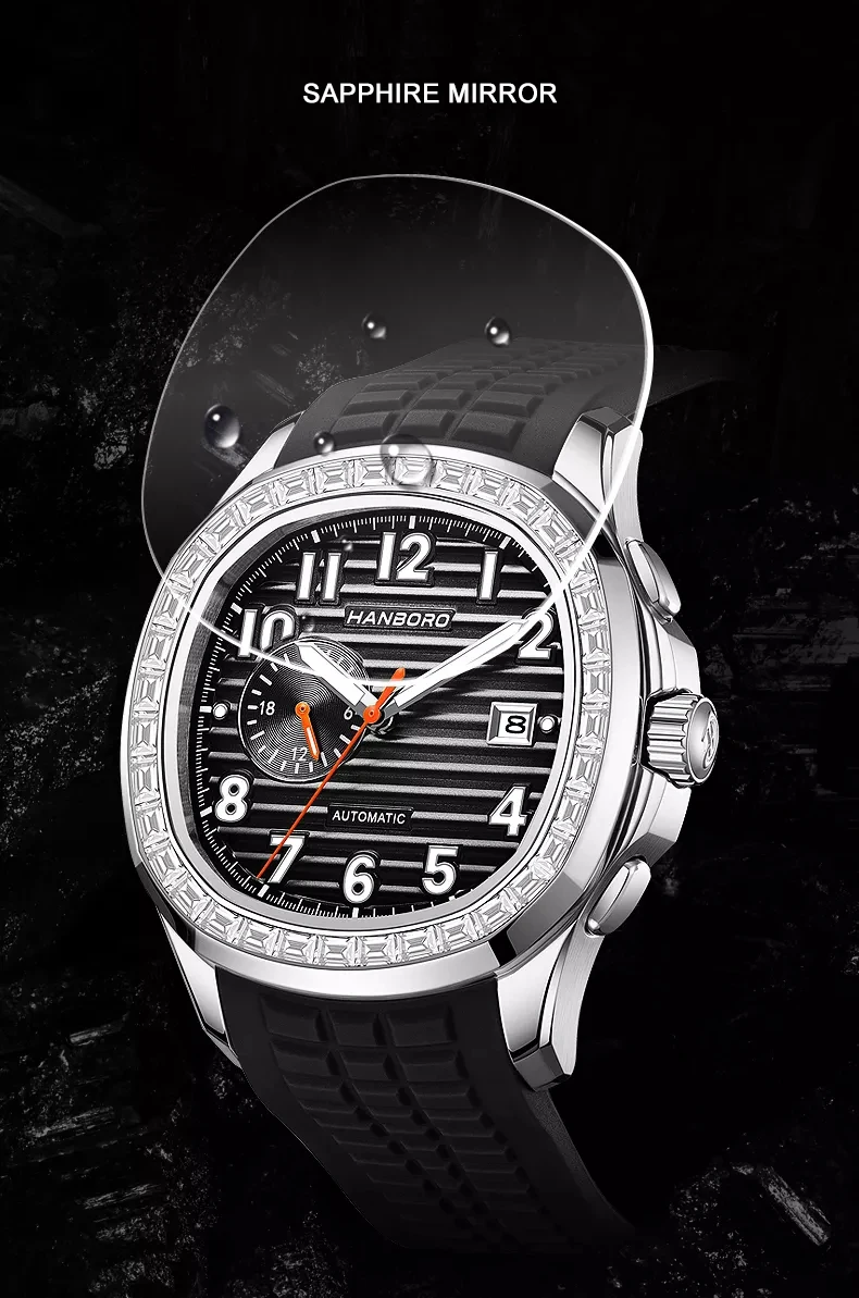 HANBORO Men Automatic Watch 40mm Square Mechanical Wristwatch 50m Waterproof Luminous Sapphire Crystal Bezel Mioyta 8217