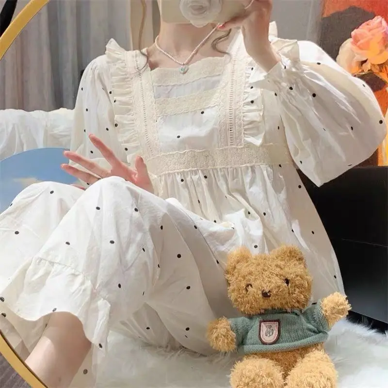 Polka Dot Sleepwear Women Pajama Sets Ruffles Piiama Korean Pants Sets 2 Pieces Square Collar Night Wears Autumn Home Suit New