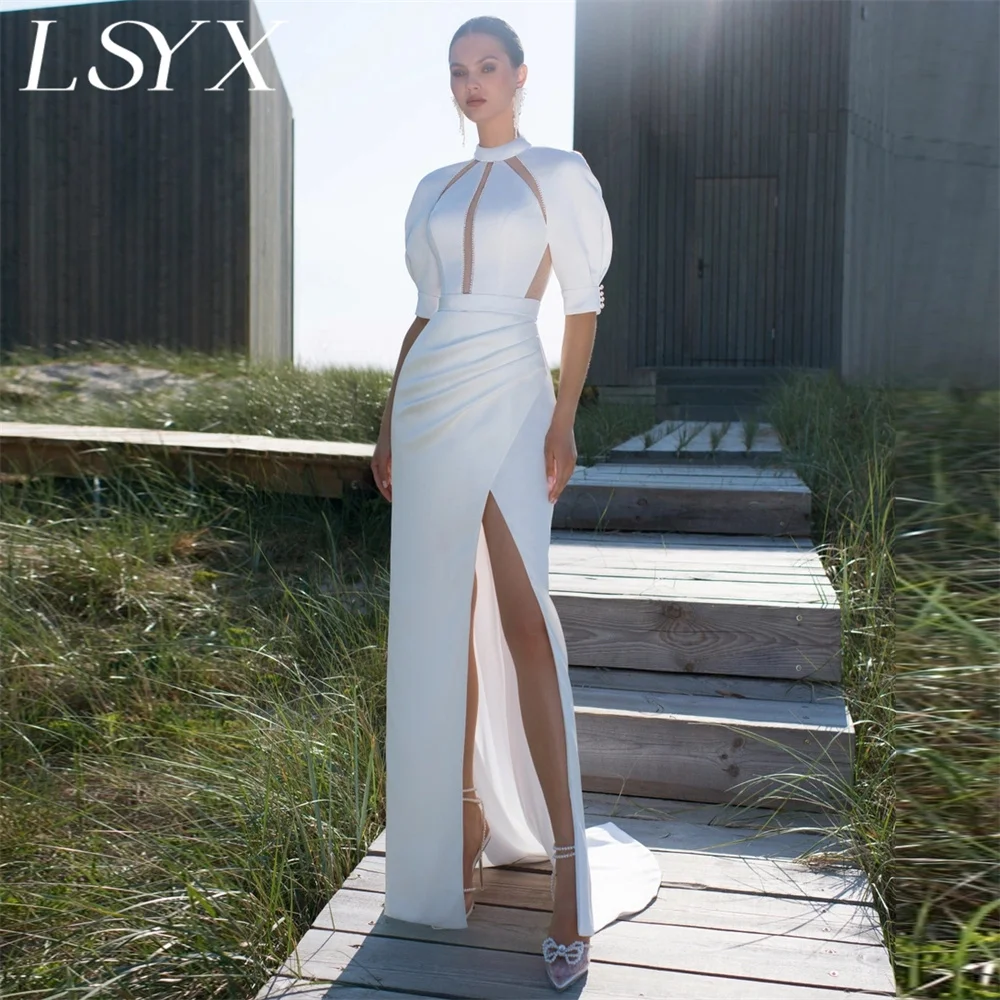 LSYX Customized High-Neck Puff Sleeves Cut Out Crepe Mermaid Wedding Dress Zipper Back High Side Slit Floor Length Bridal Gown