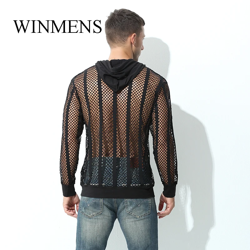 Men's Cut-outs Hoodie Solid Breathable Fishnet Youth Sports Shirts Long Sleeved Casual Loose Sweatshirts