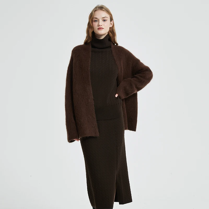 BAHTLEE-cardigan feminino de mohair suéter de malha com decote em V sólido casaco de mangas compridas manter aquecido