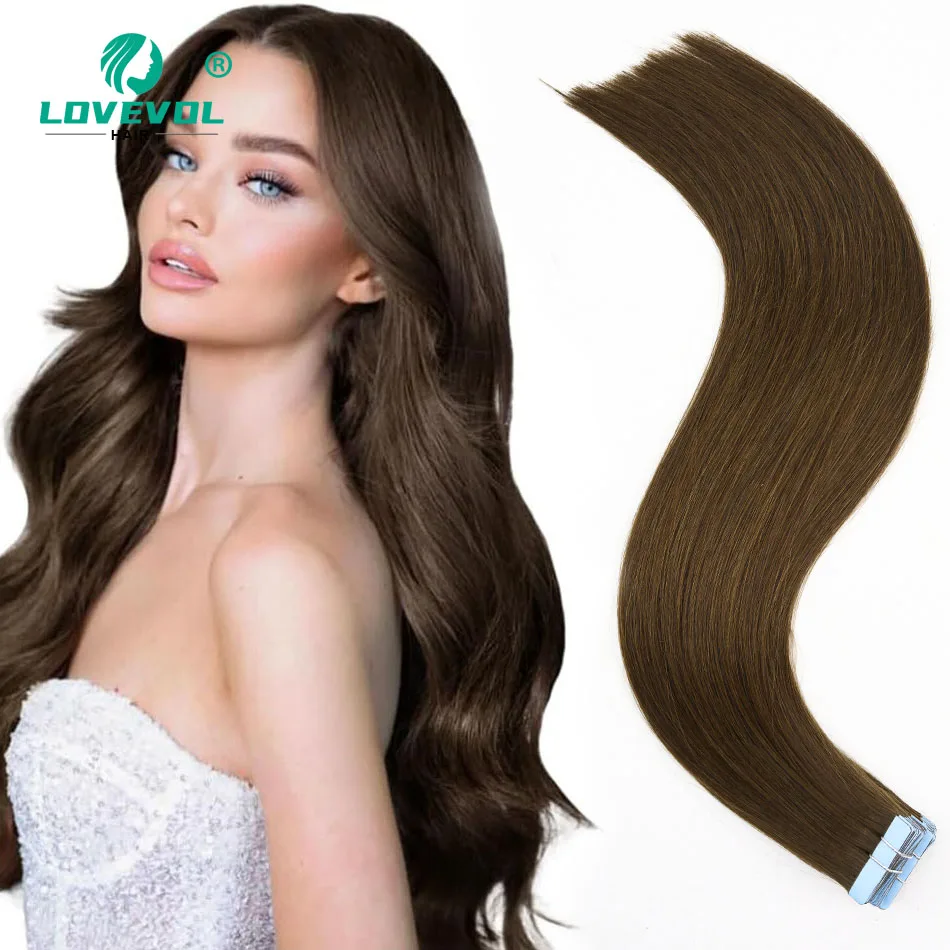4-チョコレートブラウンのテープ式レミーヘアエクステンション。16～24インチのインド産ストレートヘアで、継ぎ目が目立たないテープ式。100％人毛を使用したスキンウィフト。