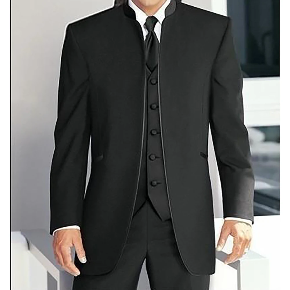 2023 New Black Stand Collar Men Wedding Suits 3 Pieces(Jacket+Pants+Vest+Tie) Custom Made Groom Tuxedos Best Man Wedding Grooms