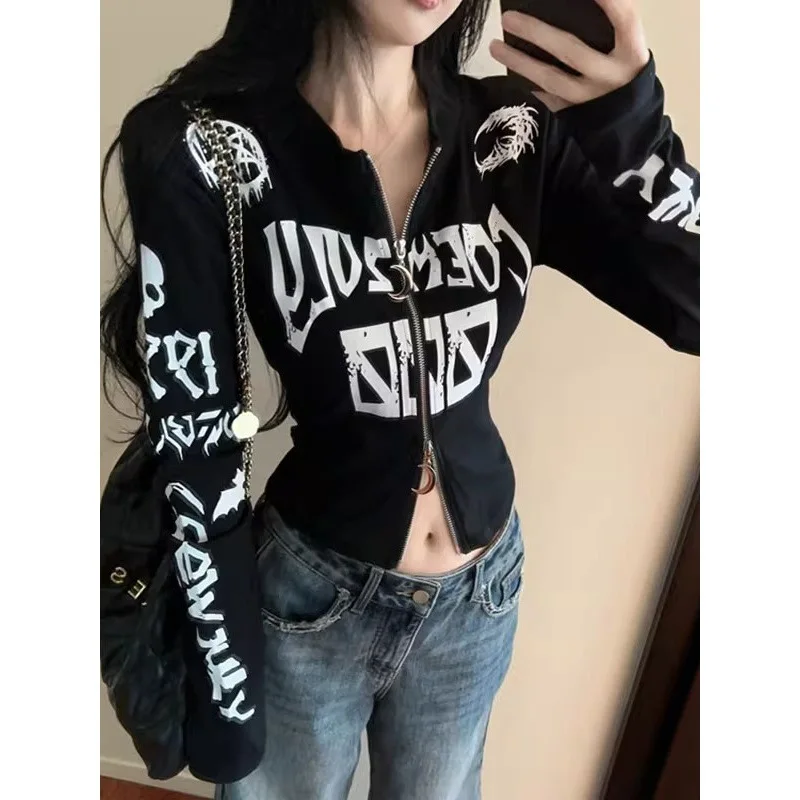 2026 New Vintage Dark Goth Grunge Print Zip Up Cardigan for Women Double Zipper Slim Fit Long Sleeve Crop Top Spring Streetwear